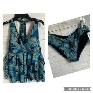 New Time + Tru Tankini 2 pc bathing suit swimsuit blue palm Large bottom 1X Top